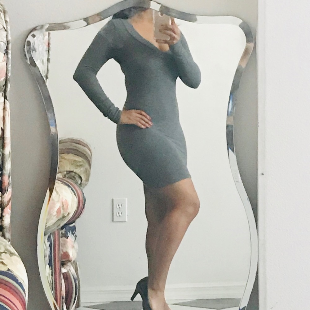 Grey Cotton V-Neck Bodycon Dress - DONATED